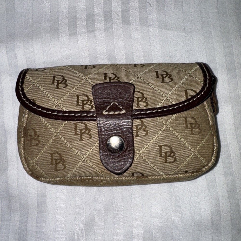 Dooney and Bourke Tan Brown Signature Monogram Canvas Snap Small‎ Pouch